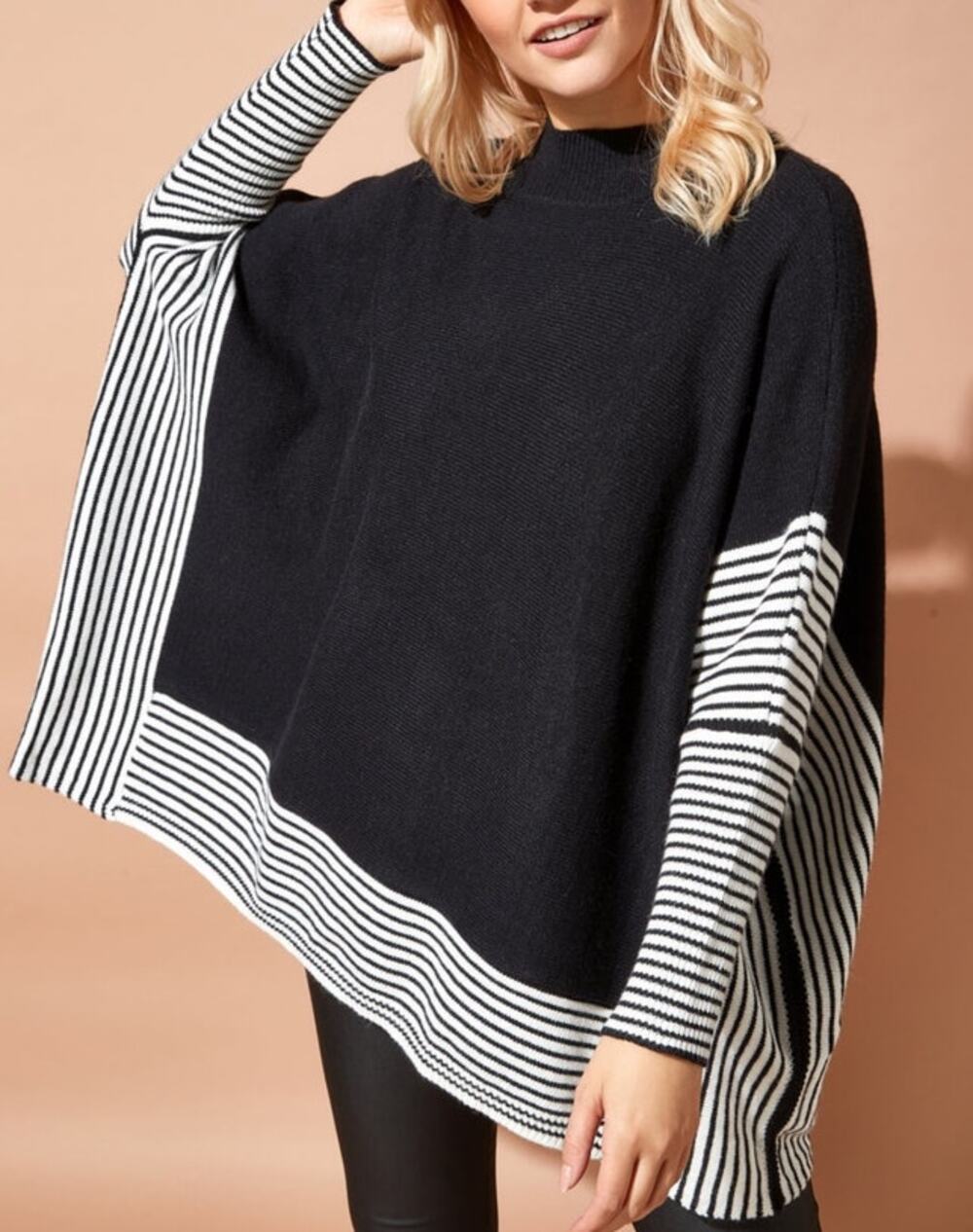 P. Luca Milano Black & White Striped Draped Poncho Sweater Women's One Size
